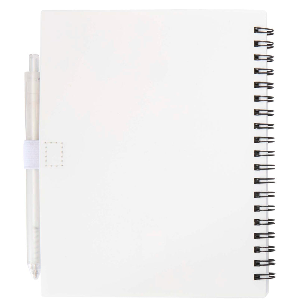 Set di blocco note con copertina morbida in plastica riciclata e penna a sfera (inchiostro blu) Niove personalizzato con logo - Pubblienne