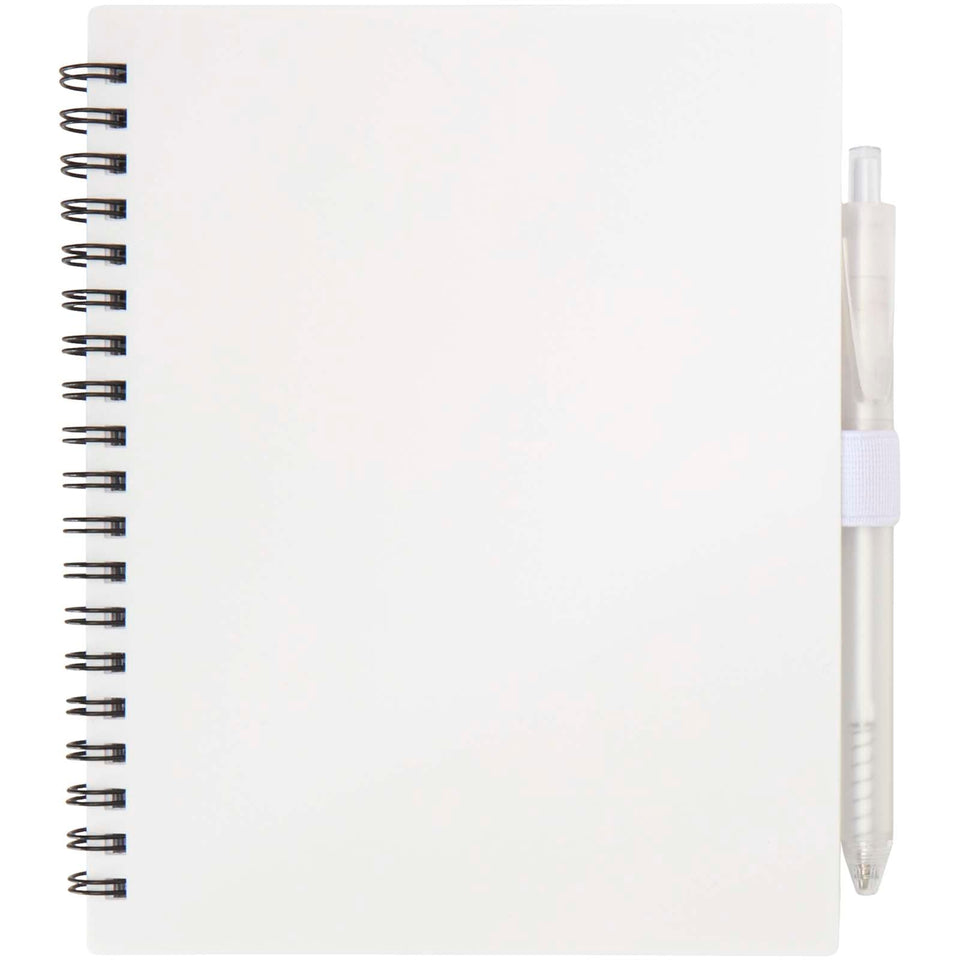 Set di blocco note con copertina morbida in plastica riciclata e penna a sfera (inchiostro blu) Niove personalizzato con logo - Pubblienne