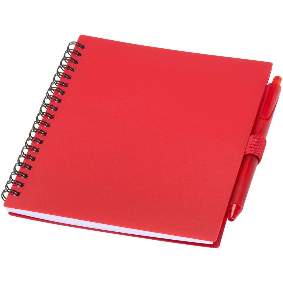 Set di blocco note con copertina morbida in plastica riciclata e penna a sfera (inchiostro blu) Niove personalizzato con logo - Pubblienne