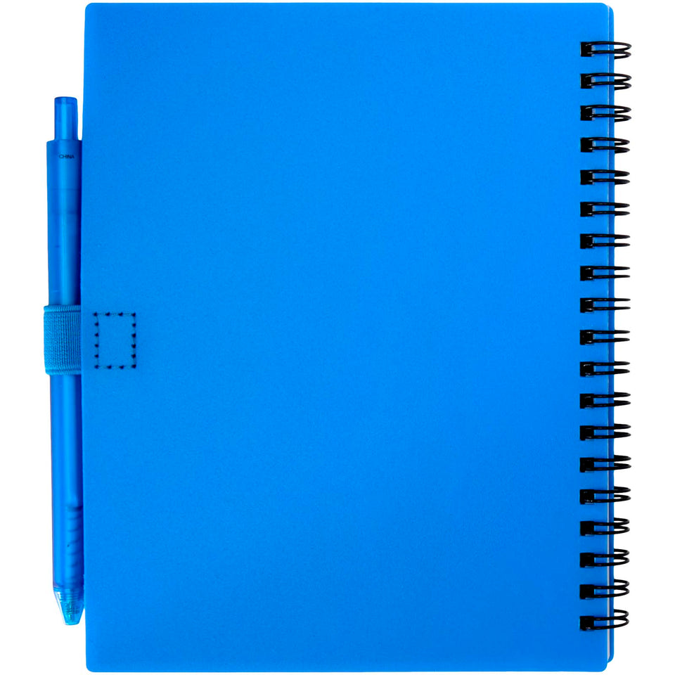 Set di blocco note con copertina morbida in plastica riciclata e penna a sfera (inchiostro blu) Niove personalizzato con logo - Pubblienne