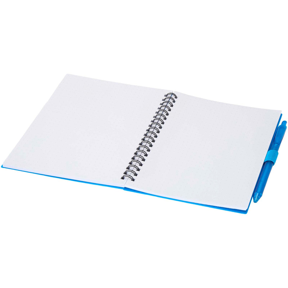 Set di blocco note con copertina morbida in plastica riciclata e penna a sfera (inchiostro blu) Niove personalizzato con logo - Pubblienne