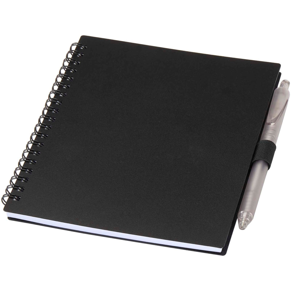 Set di blocco note con copertina morbida in plastica riciclata e penna a sfera (inchiostro blu) Niove personalizzato con logo - Pubblienne