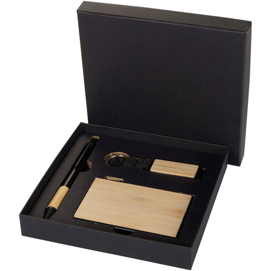 Set regalo con penna a sfera, portachiavi e portacarte RFID in alluminio riciclato certificato RCS Minka personalizzato con logo - Pubblienne