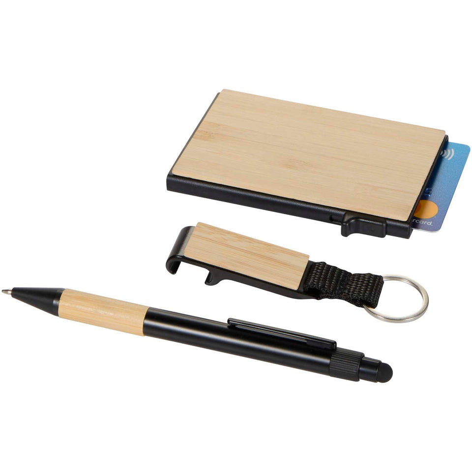 Set regalo con penna a sfera, portachiavi e portacarte RFID in alluminio riciclato certificato RCS Minka personalizzato con logo - Pubblienne