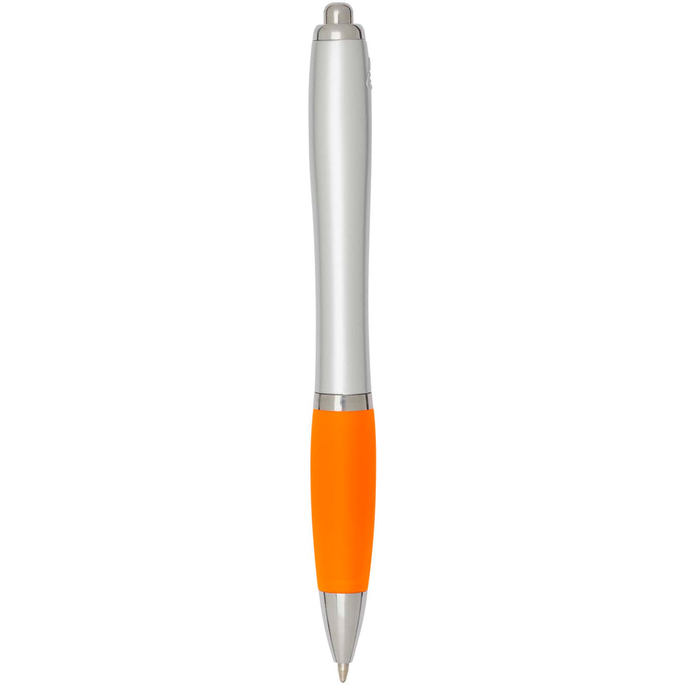 Penna a sfera in plastica riciclata certificata RCS con fusto argentato e impugnatura colorata (inchiostro nero) Nash personalizzato con logo - Pubblienne