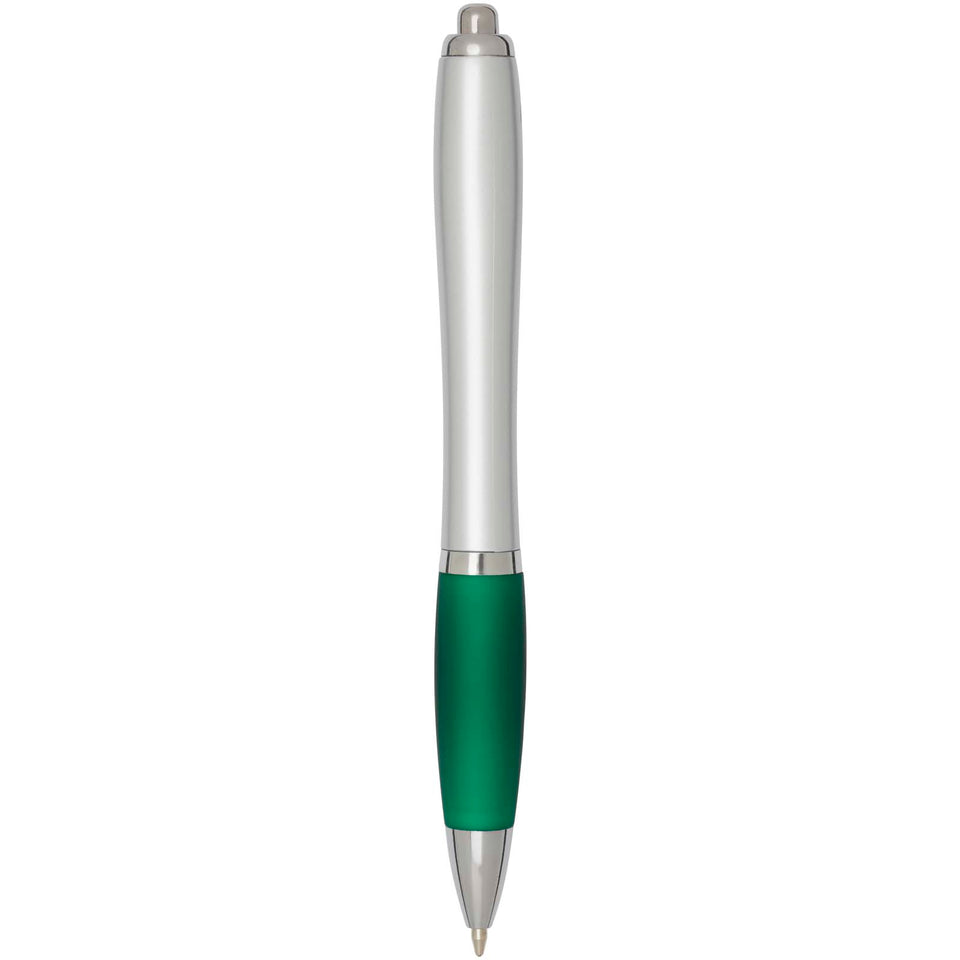 Penna a sfera in plastica riciclata certificata RCS con fusto argentato e impugnatura colorata (inchiostro nero) Nash personalizzato con logo - Pubblienne