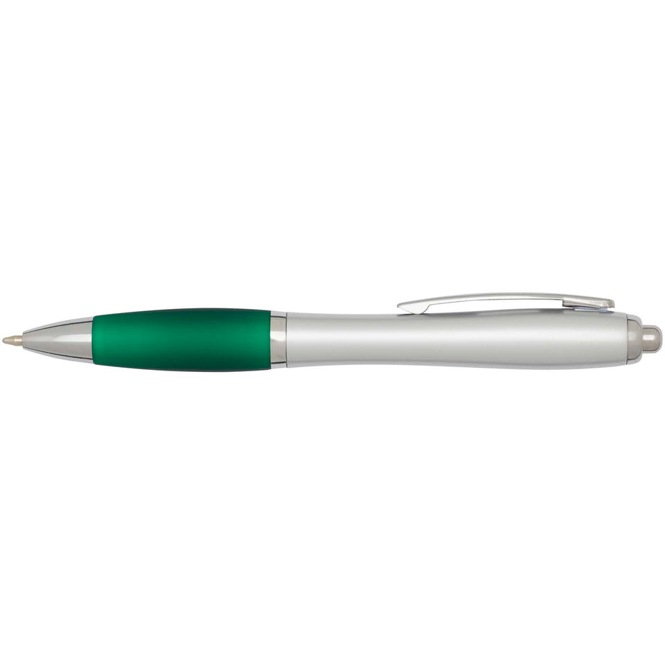 Penna a sfera in plastica riciclata certificata RCS con fusto argentato e impugnatura colorata (inchiostro nero) Nash personalizzato con logo - Pubblienne
