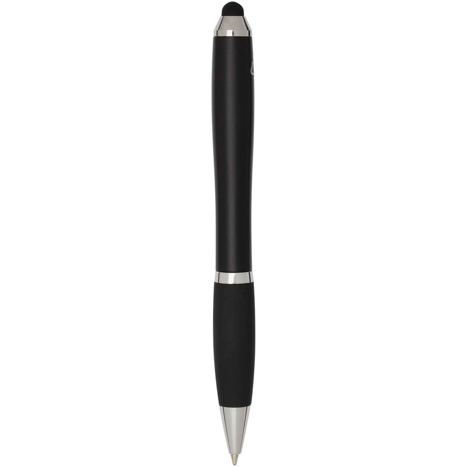 Penna a sfera con pennino plastica riciclata RCS con fusto colorato e impugnatura di colore nero (inchiostro blu) Nash personalizzato con logo - Pubblienne