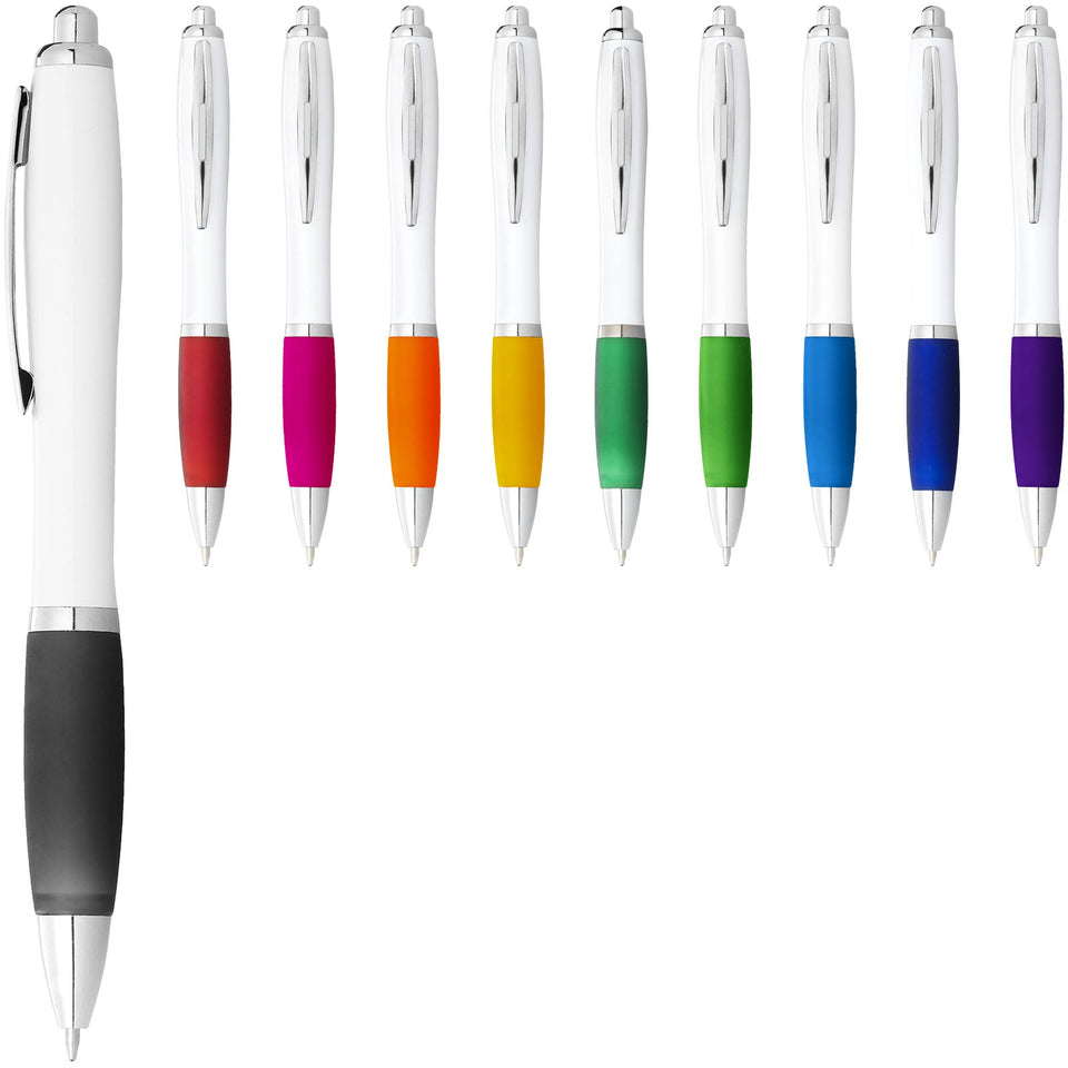 Penna a sfera con fusto bianco e impugnatura colorata Nash (inchiostro blu) personalizzato con logo - Pubblienne