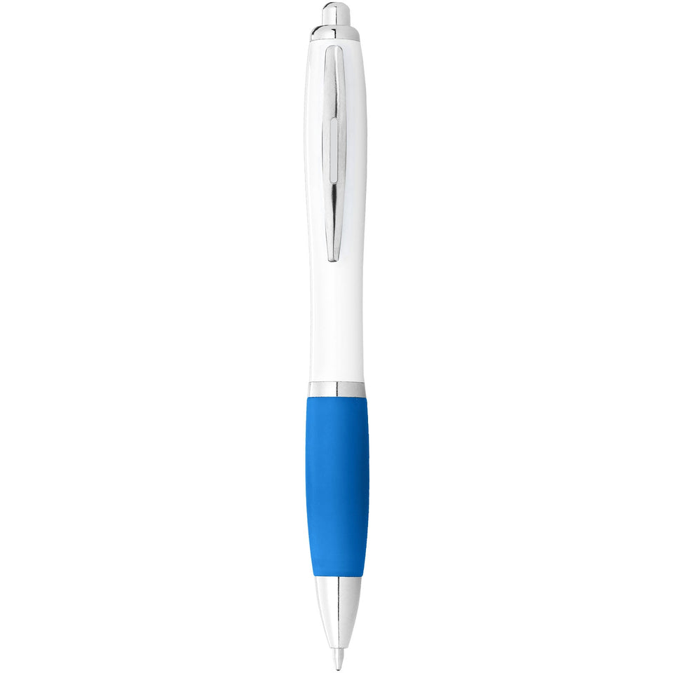 Penna a sfera con fusto bianco e impugnatura colorata Nash (inchiostro blu) personalizzato con logo - Pubblienne
