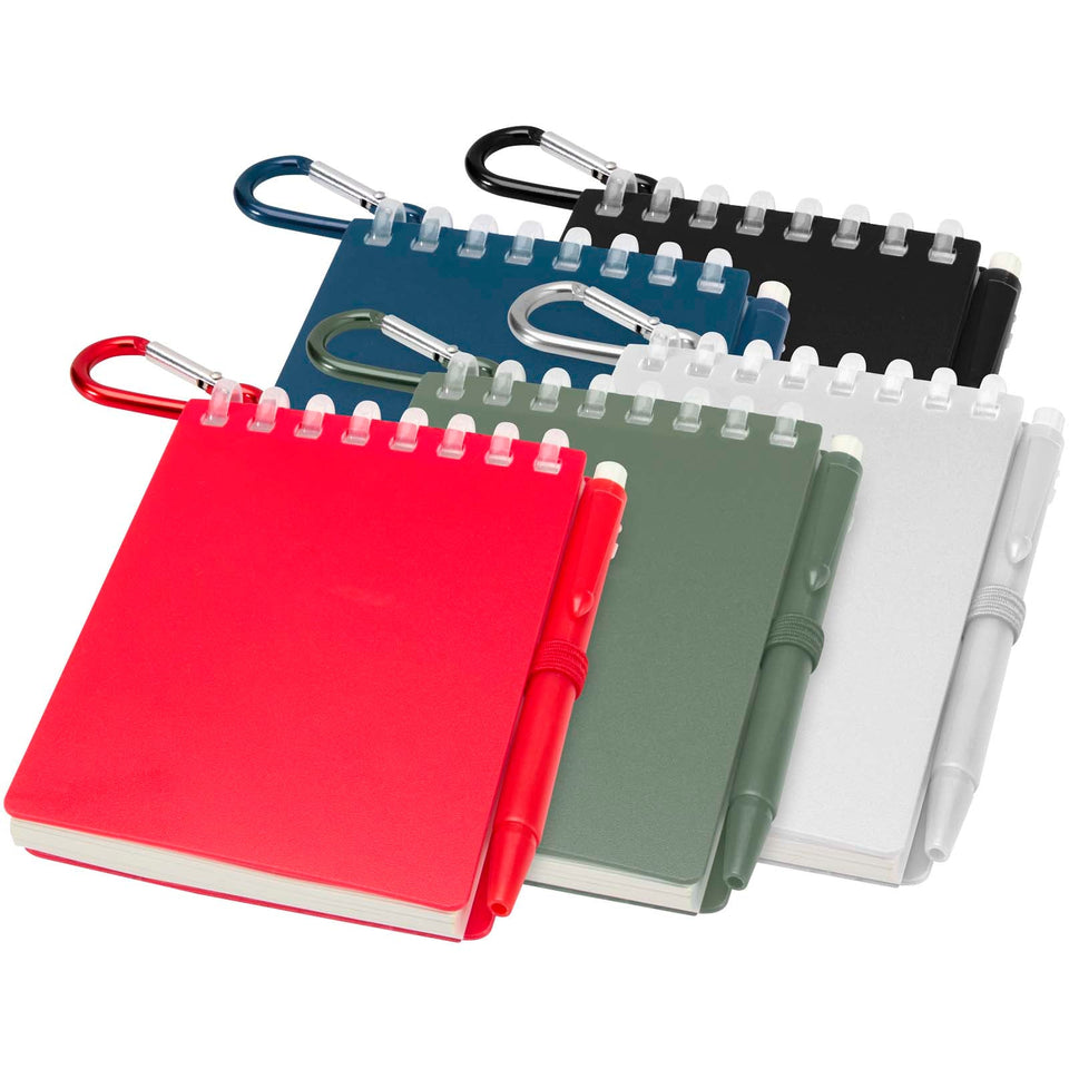 Set blocco note con copertina morbida in materiale riciclato e penna a sfera (inchiostro blu) per attività all'aperto Lig Min personalizzato con logo - Pubblienne
