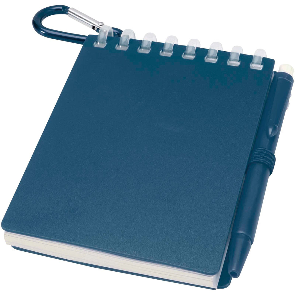 Set blocco note con copertina morbida in materiale riciclato e penna a sfera (inchiostro blu) per attività all'aperto Lig Min personalizzato con logo - Pubblienne