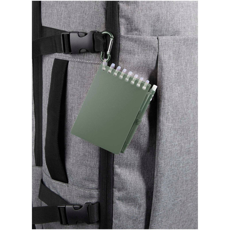 Set blocco note con copertina morbida in materiale riciclato e penna a sfera (inchiostro blu) per attività all'aperto Lig Min personalizzato con logo - Pubblienne