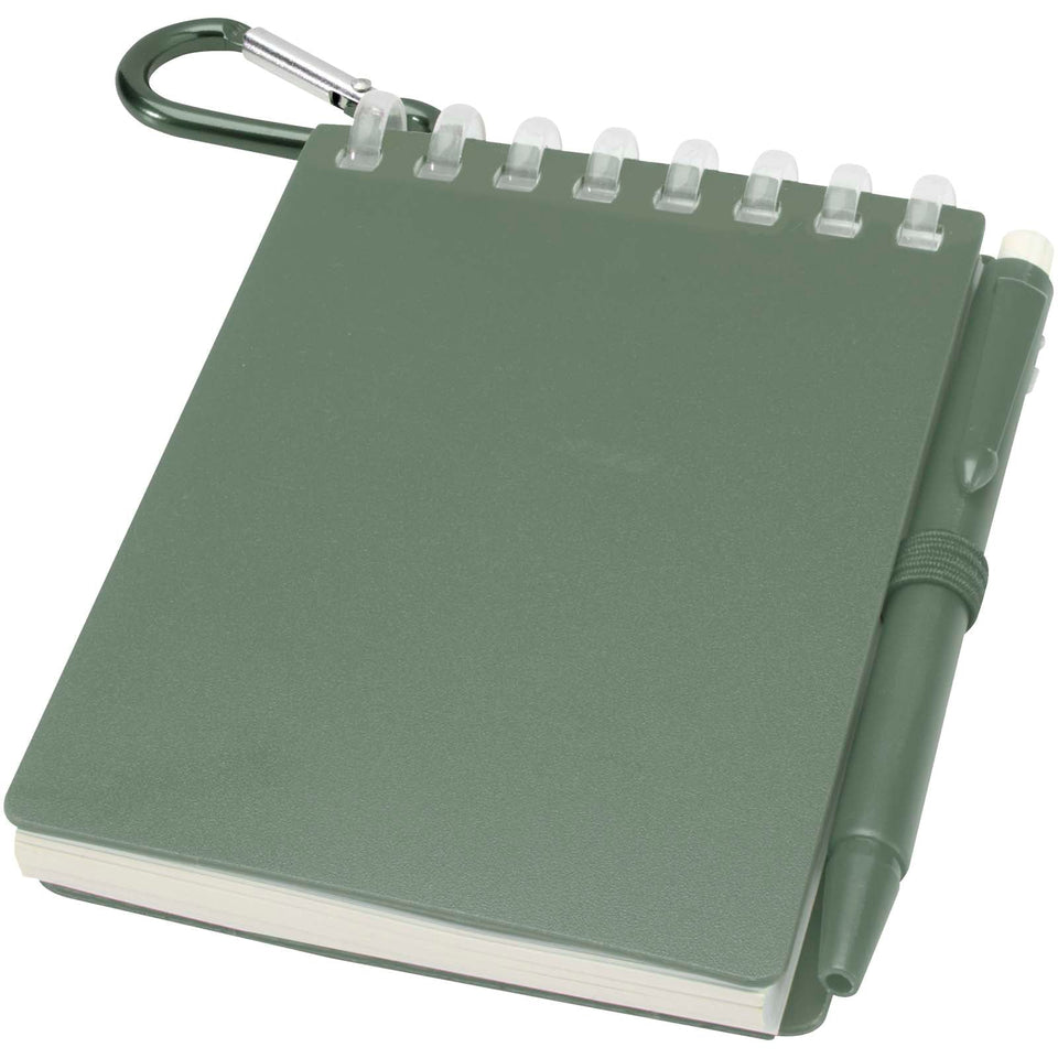Set blocco note con copertina morbida in materiale riciclato e penna a sfera (inchiostro blu) per attività all'aperto Lig Min personalizzato con logo - Pubblienne