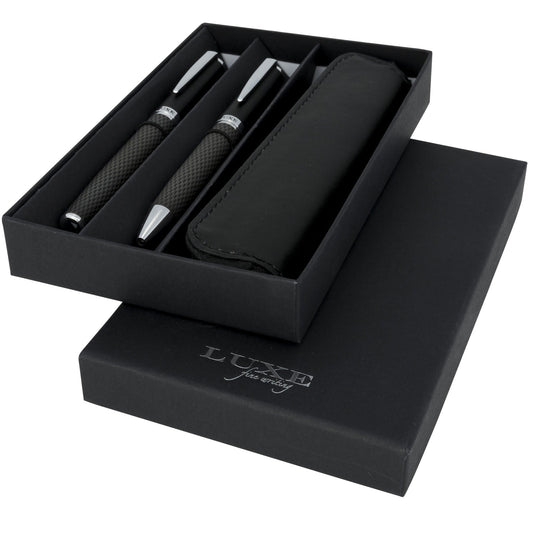 Set regalo con coppia di penne e sacchetto Carbon (inchiostro nero) personalizzato con logo - Pubblienne