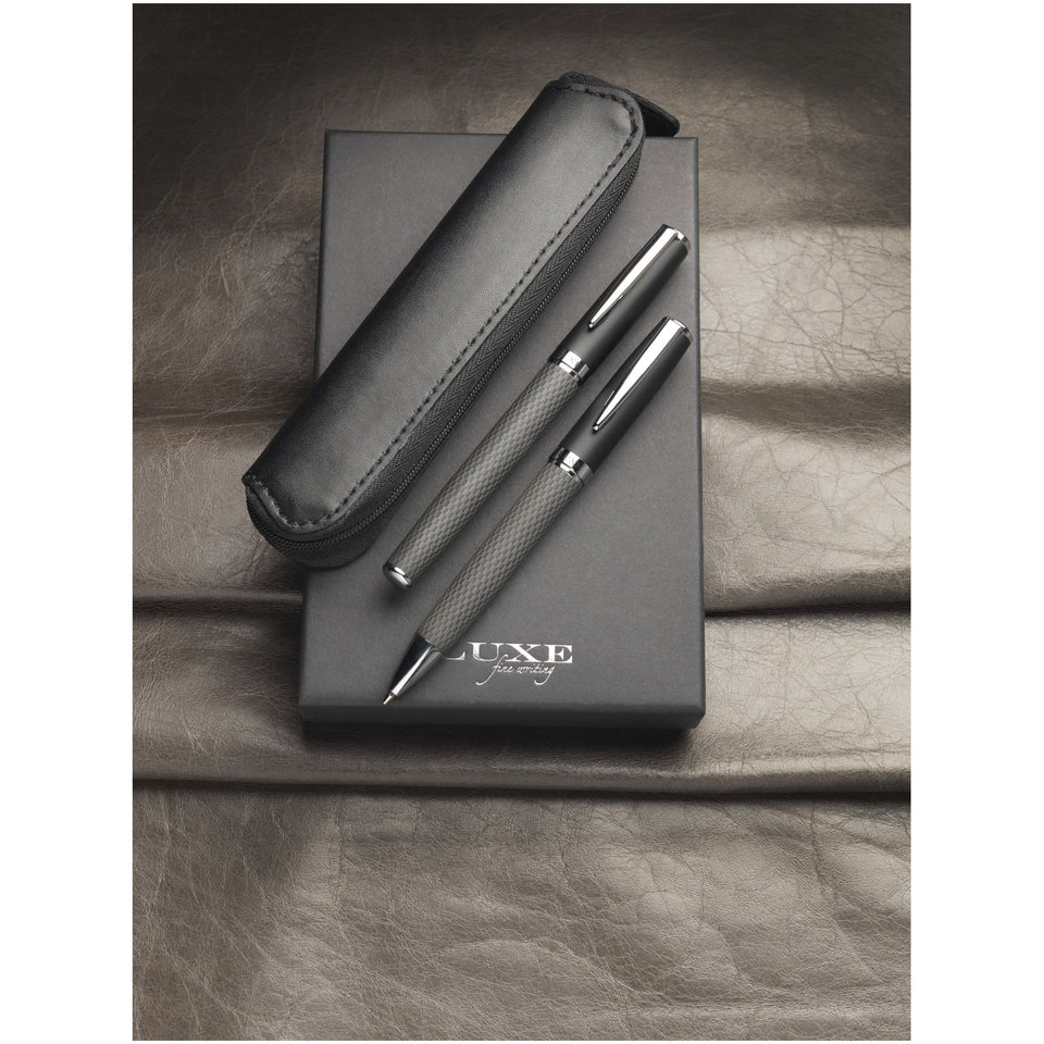 Set regalo con coppia di penne e sacchetto Carbon (inchiostro nero) personalizzato con logo - Pubblienne