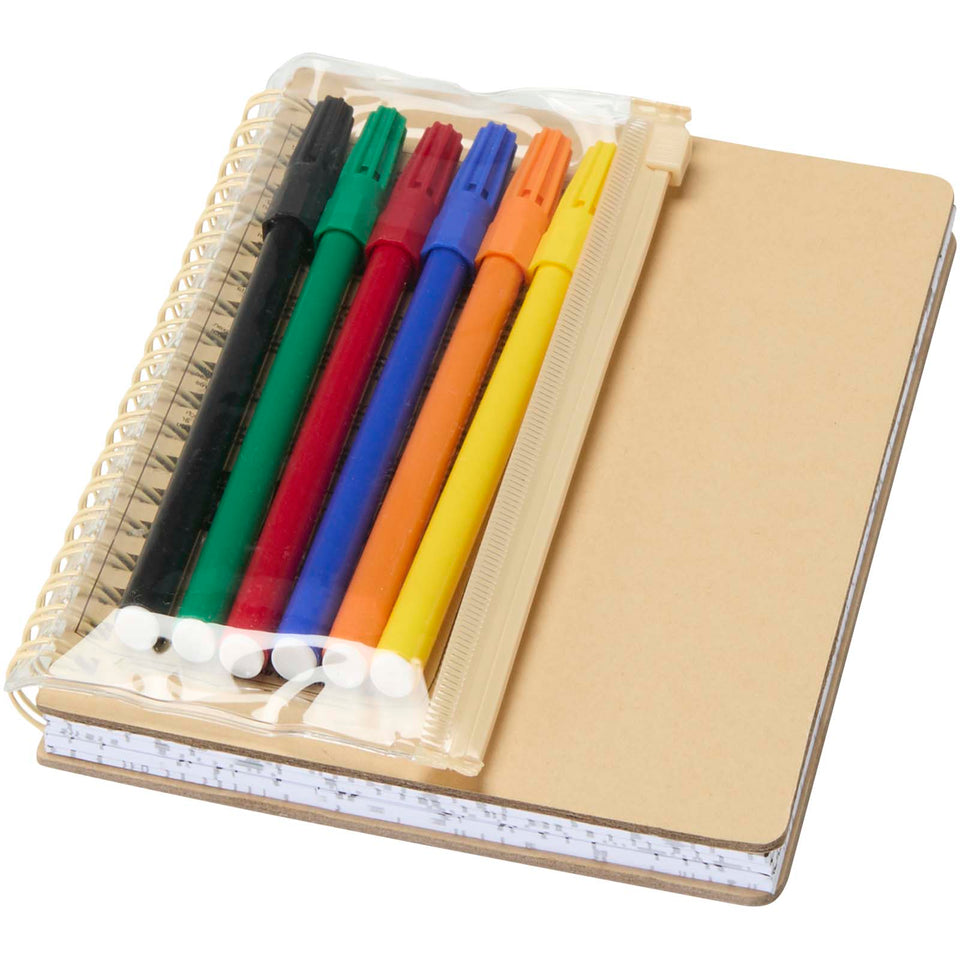 Set composto da un taccuino B6 con copertina rigida e pennarelli Squiggle personalizzato con logo - Pubblienne