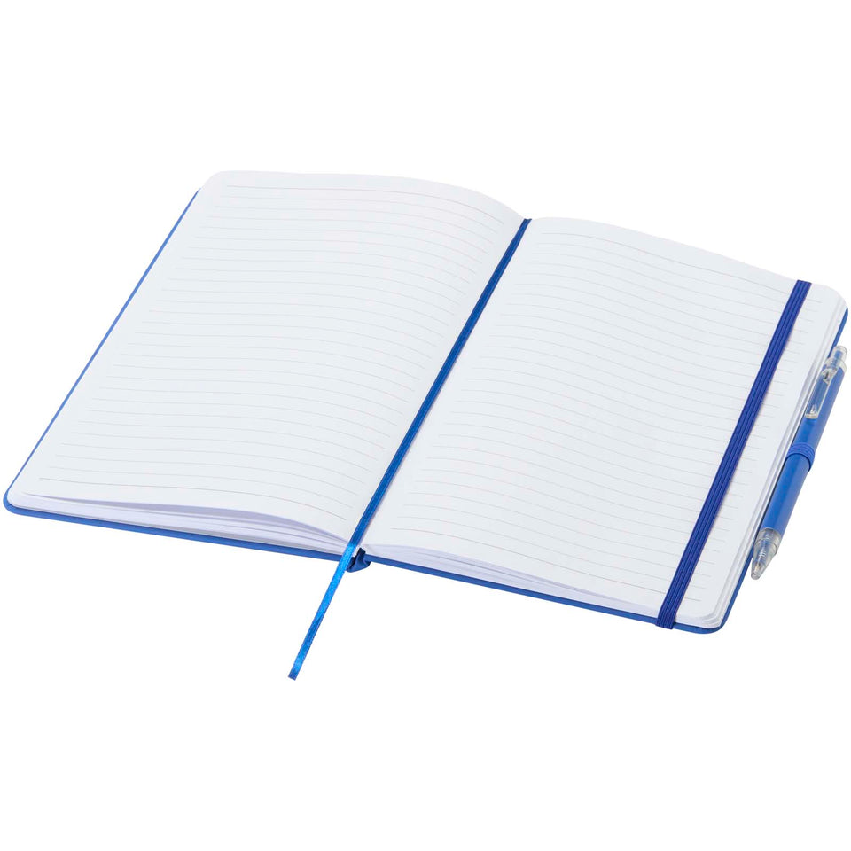 Set taccuino A5  in materiale riciclato Spectrum e penna a sfera personalizzato con logo - Pubblienne