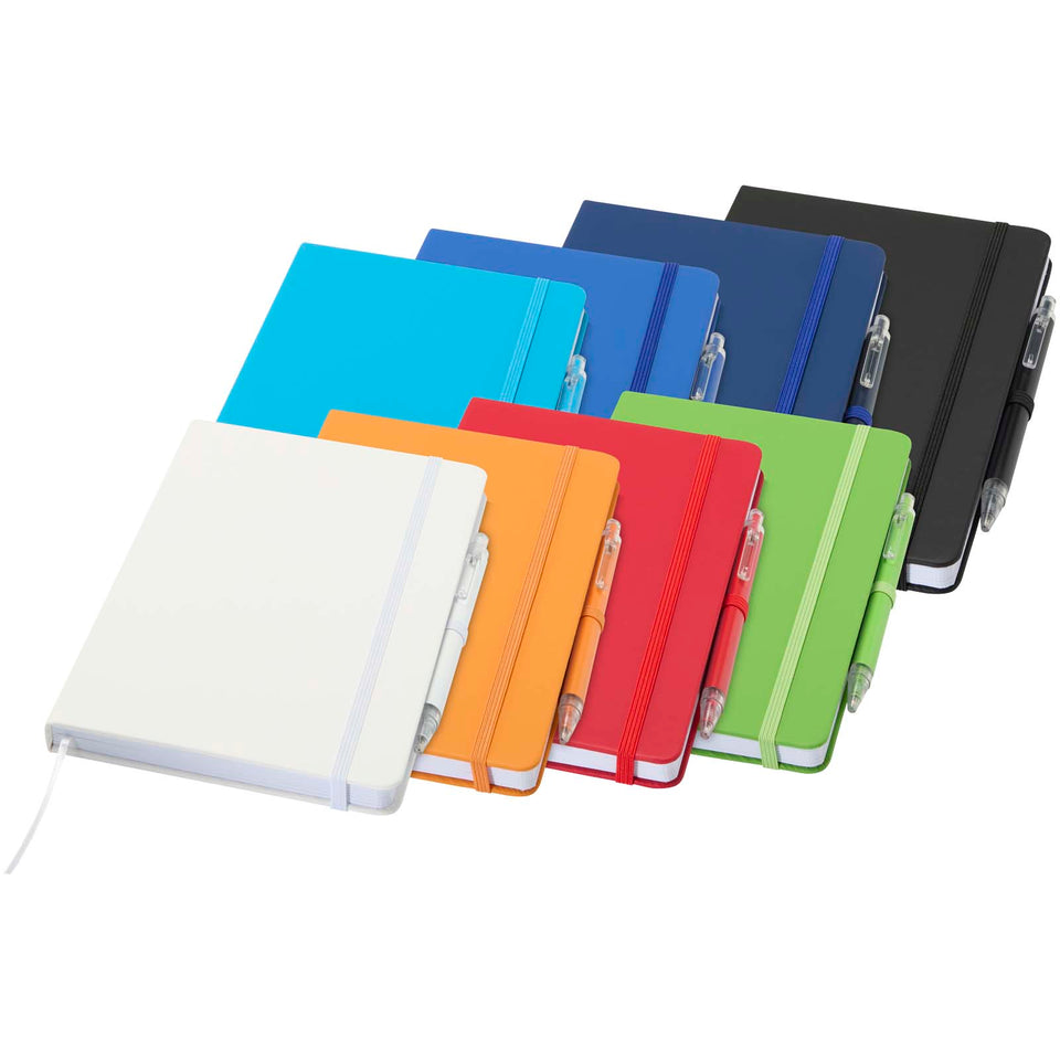 Set taccuino A5  in materiale riciclato Spectrum e penna a sfera personalizzato con logo - Pubblienne