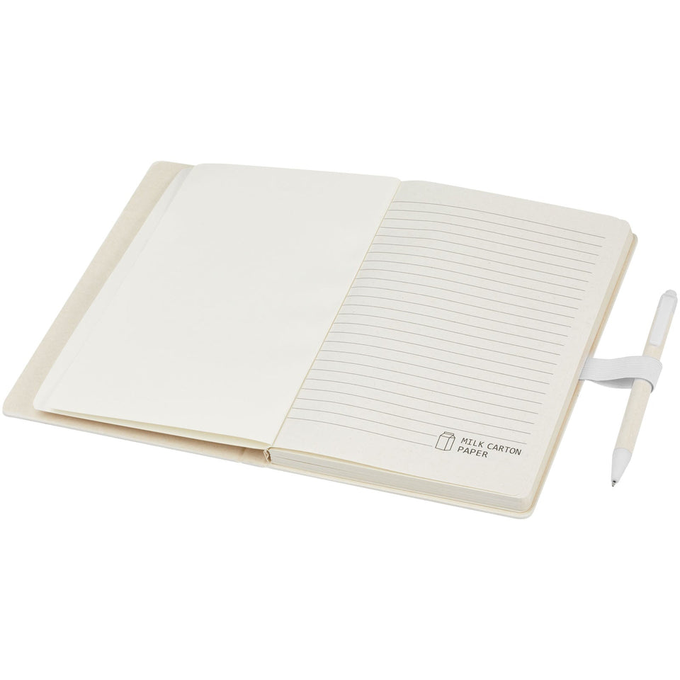 Set blocco note formato A5 e penna a sfera Dairy Dream realizzati con cartoni del latte riciclati personalizzato con logo - Pubblienne