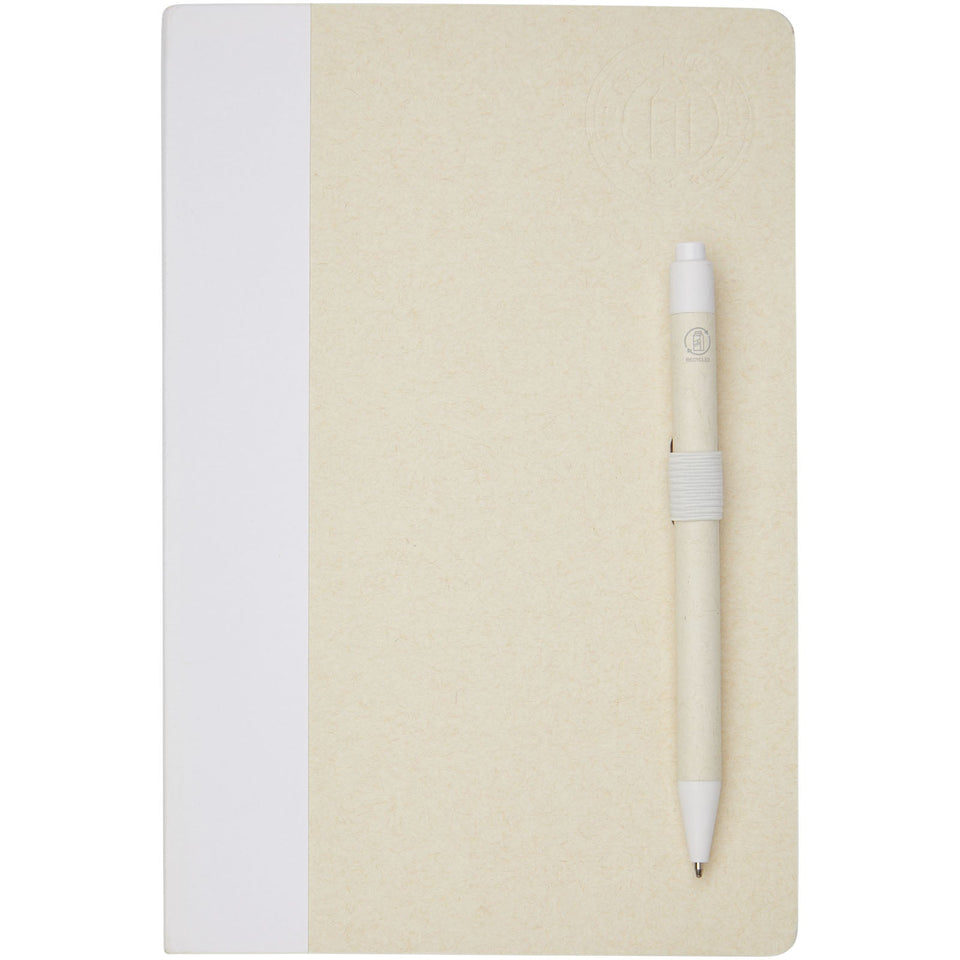 Set blocco note formato A5 e penna a sfera Dairy Dream realizzati con cartoni del latte riciclati personalizzato con logo - Pubblienne