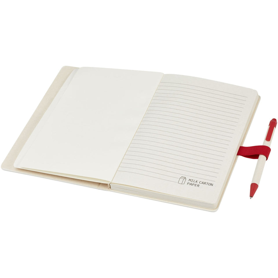 Set blocco note formato A5 e penna a sfera Dairy Dream realizzati con cartoni del latte riciclati personalizzato con logo - Pubblienne