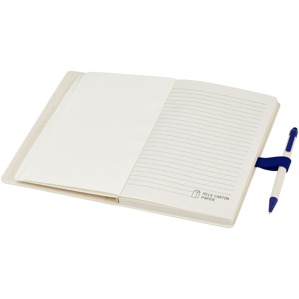 Set blocco note formato A5 e penna a sfera Dairy Dream realizzati con cartoni del latte riciclati personalizzato con logo - Pubblienne
