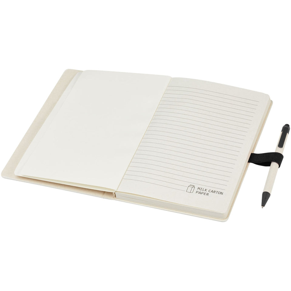 Set blocco note formato A5 e penna a sfera Dairy Dream realizzati con cartoni del latte riciclati personalizzato con logo - Pubblienne