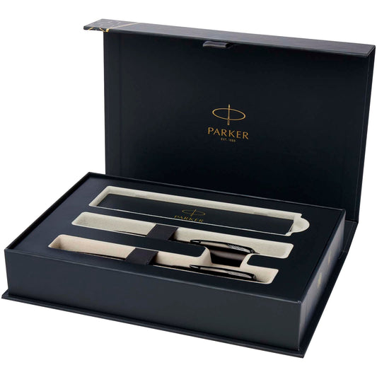 Parker set penna a sfera e penna roller acromatiche in confezione regalo IM (inchiostro nero/blu) personalizzato con logo - Pubblienne