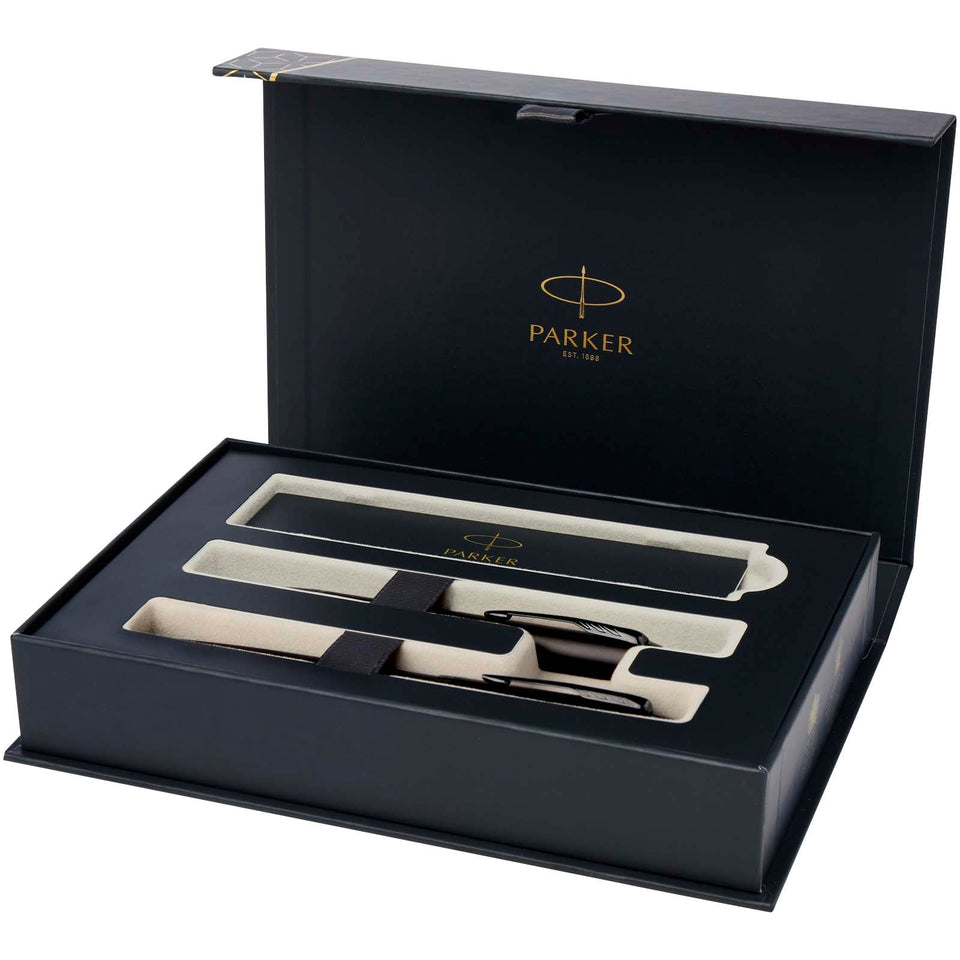 Parker set penna a sfera e penna roller acromatiche in confezione regalo IM (inchiostro nero/blu) personalizzato con logo - Pubblienne
