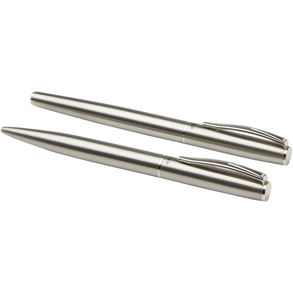 Set con penna a sfera e penna roller in acciaio inossidabile riciclato Didimis (inchiostro nero) personalizzato con logo - Pubblienne