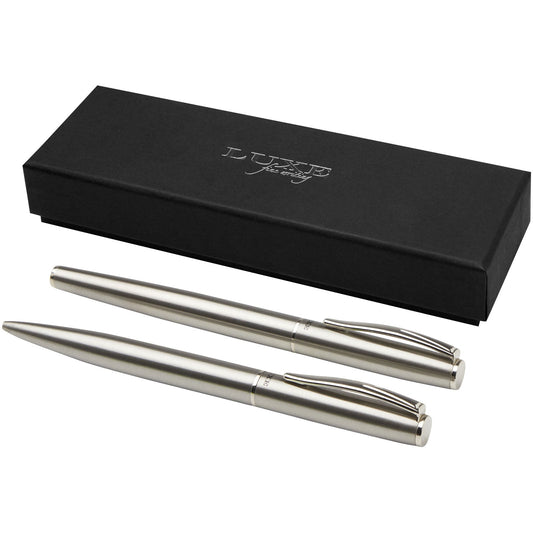 Set con penna a sfera e penna roller in acciaio inossidabile riciclato Didimis (inchiostro nero) personalizzato con logo - Pubblienne