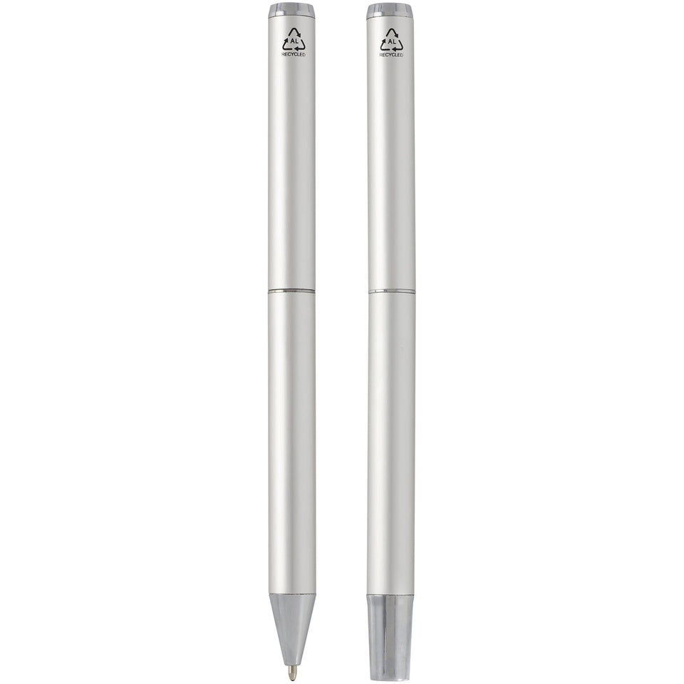 Set regalo con penna a sfera e penna roller in alluminio riciclato Lucetto (inchiostro nero) personalizzato con logo - Pubblienne