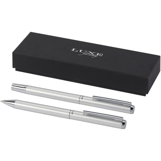 Set regalo con penna a sfera e penna roller in alluminio riciclato Lucetto (inchiostro nero) personalizzato con logo - Pubblienne