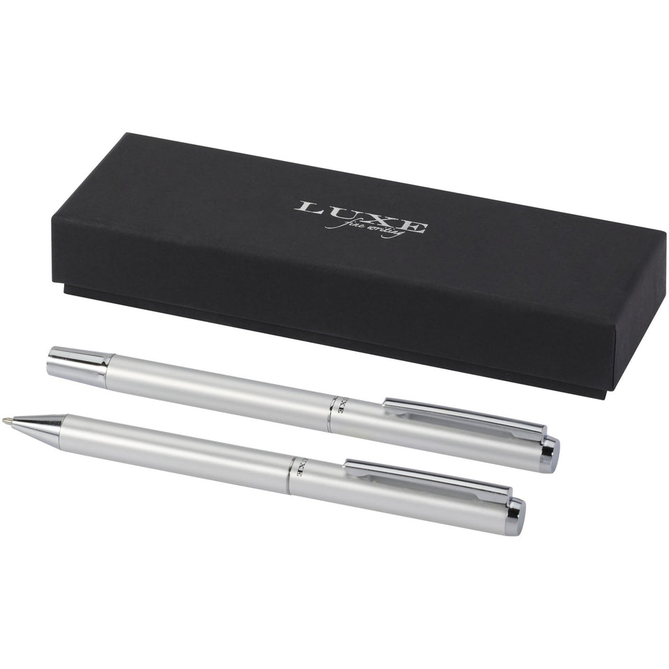 Set regalo con penna a sfera e penna roller in alluminio riciclato Lucetto (inchiostro nero) personalizzato con logo - Pubblienne