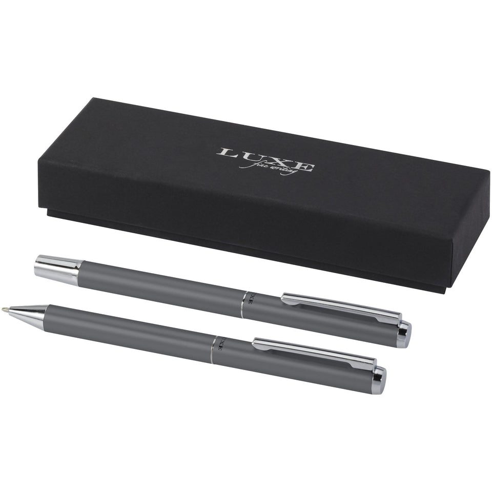 Set regalo con penna a sfera e penna roller in alluminio riciclato Lucetto (inchiostro nero) personalizzato con logo - Pubblienne