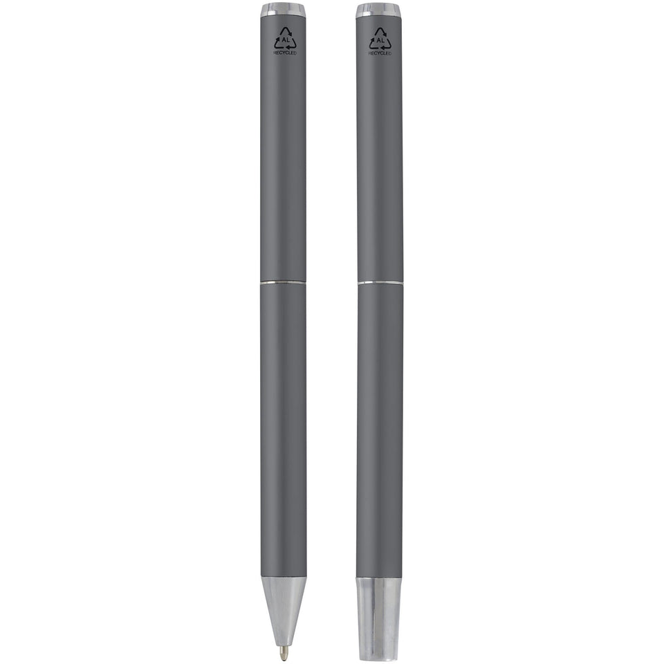 Set regalo con penna a sfera e penna roller in alluminio riciclato Lucetto (inchiostro nero) personalizzato con logo - Pubblienne