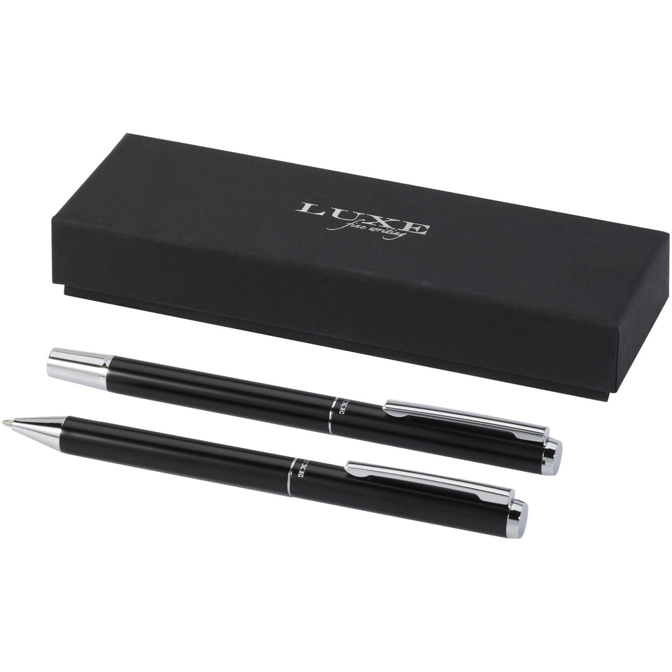 Set regalo con penna a sfera e penna roller in alluminio riciclato Lucetto (inchiostro nero) personalizzato con logo - Pubblienne