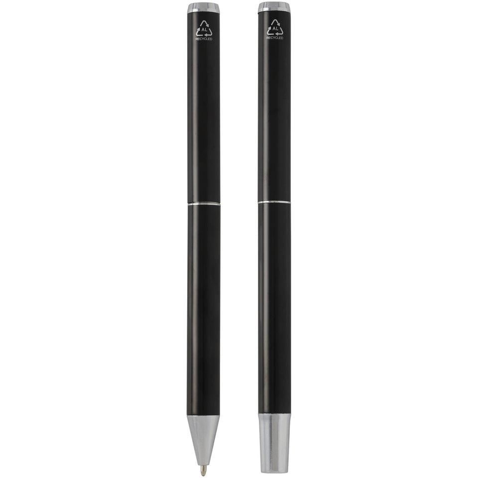 Set regalo con penna a sfera e penna roller in alluminio riciclato Lucetto (inchiostro nero) personalizzato con logo - Pubblienne