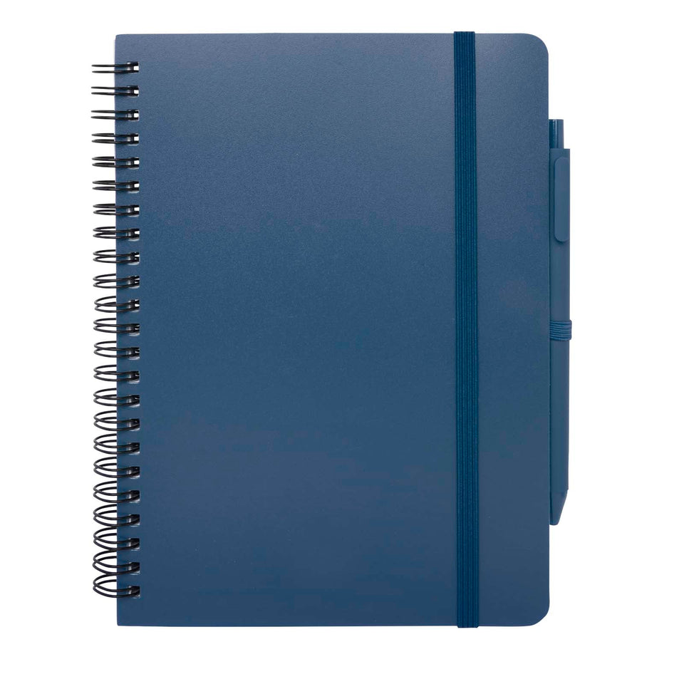 Blocco note formato A5 con copertina rigida in plastica recuperata in prossimità degli oceani e penna a sfera Thalaasa (inchi personalizzato con logo - Pubblienne