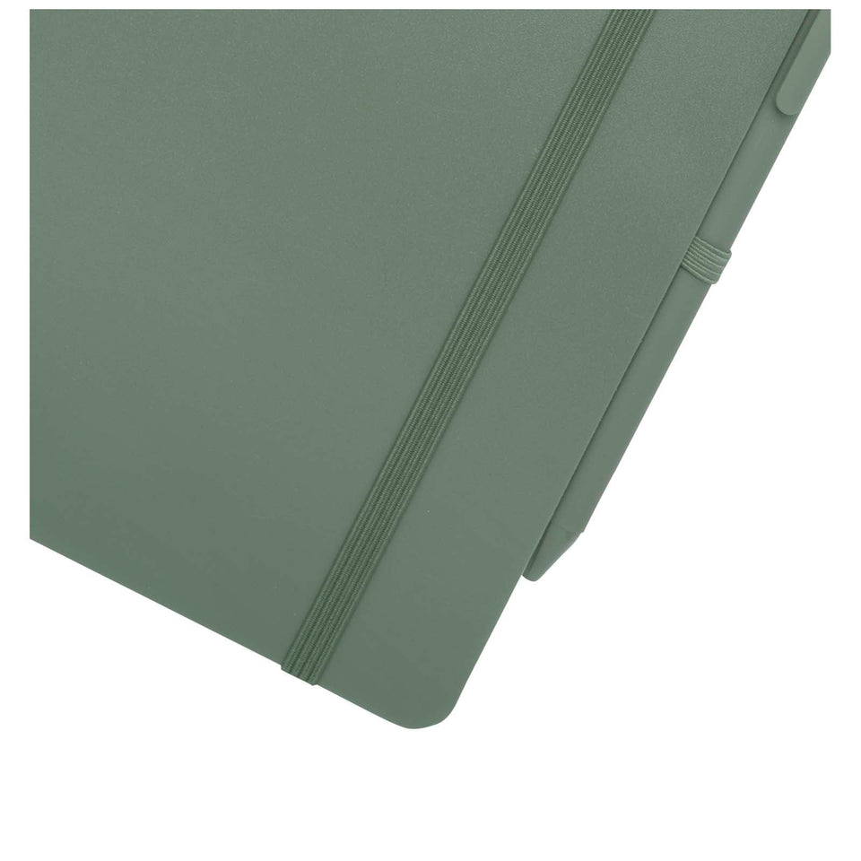 Blocco note formato A5 con copertina rigida in plastica recuperata in prossimità degli oceani e penna a sfera Thalaasa (inchi personalizzato con logo - Pubblienne