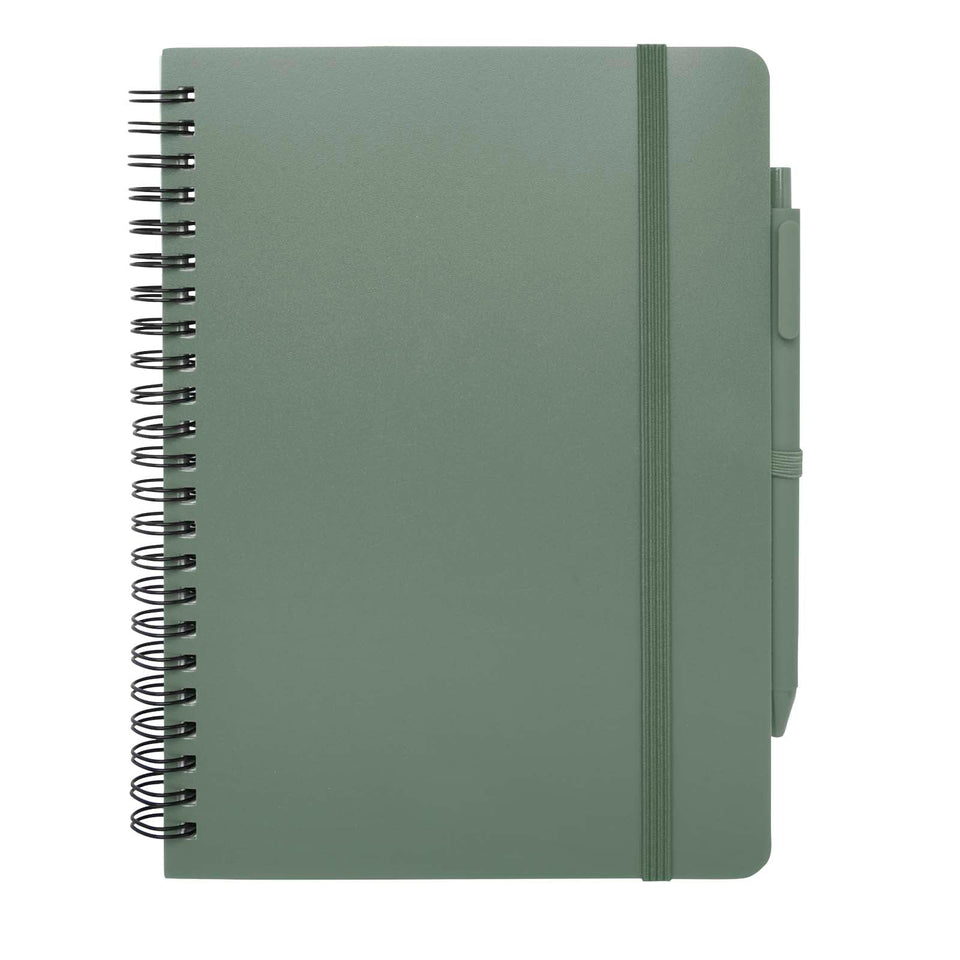 Blocco note formato A5 con copertina rigida in plastica recuperata in prossimità degli oceani e penna a sfera Thalaasa (inchi personalizzato con logo - Pubblienne