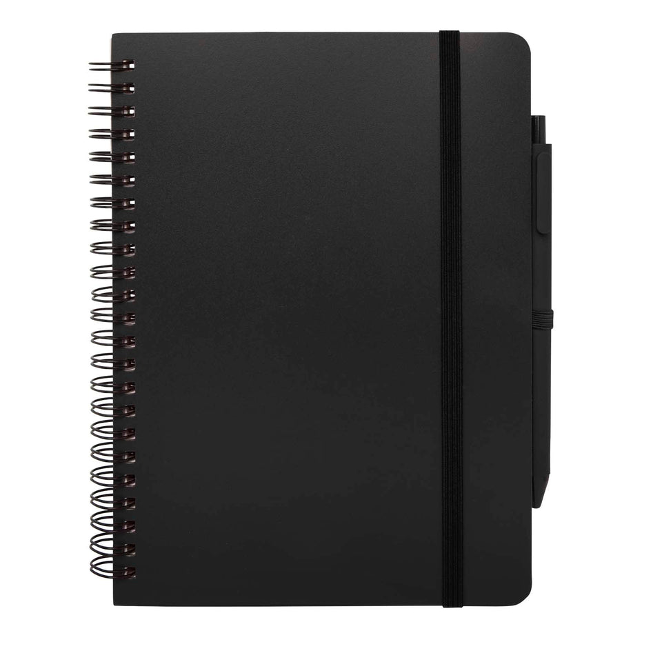 Blocco note formato A5 con copertina rigida in plastica recuperata in prossimità degli oceani e penna a sfera Thalaasa (inchi personalizzato con logo - Pubblienne