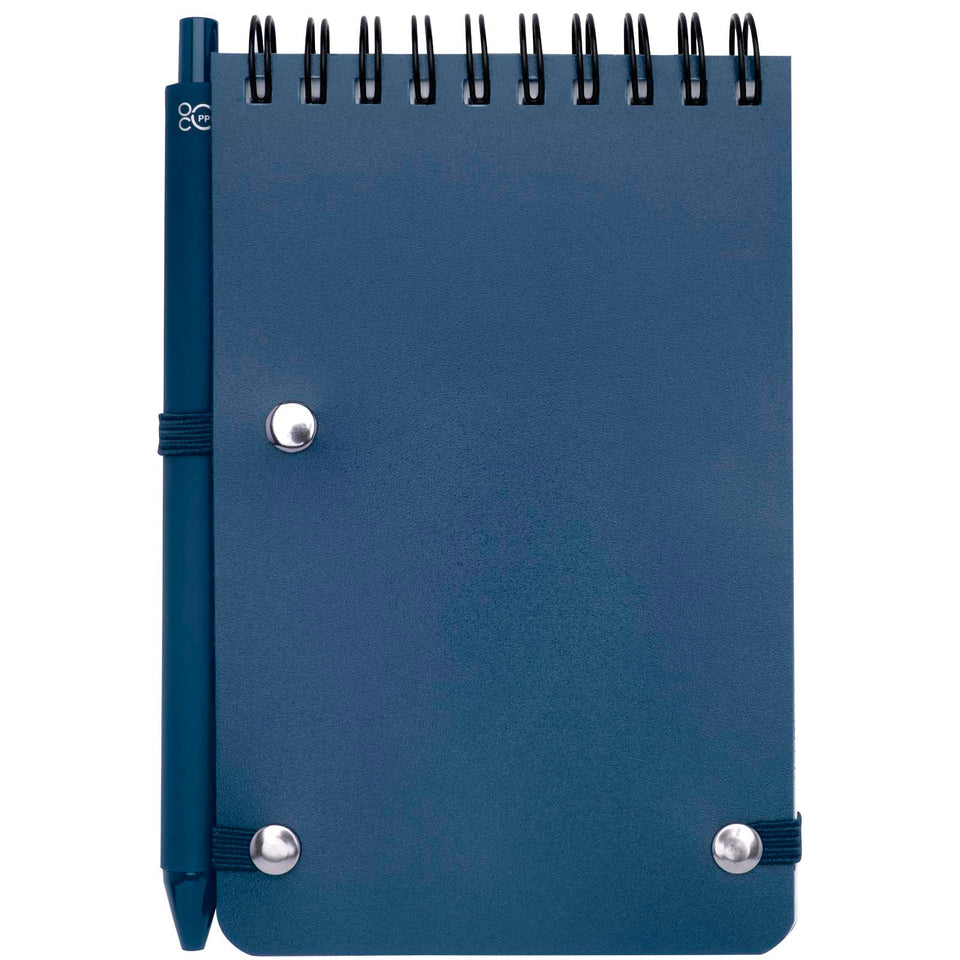Blocco note formato A6 con copertina rigida in plastica recuperata in prossimità degli oceani e penna a sfera Thalaasa (inchi personalizzato con logo - Pubblienne