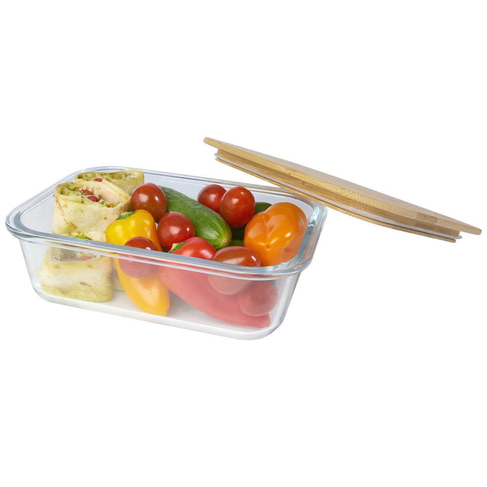 Contenitore per pranzo Roby di vetro con coperchio in bambù da 1000 ml personalizzato con logo - Pubblienne