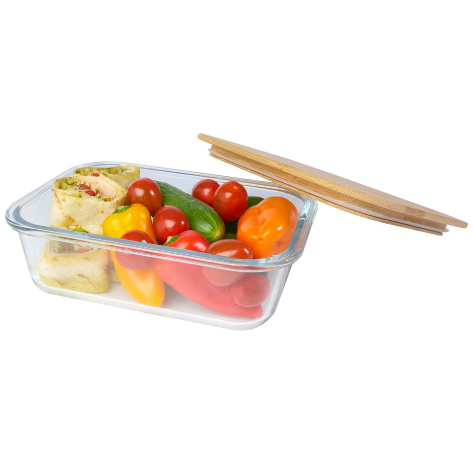Contenitore per pranzo Roby di vetro con coperchio in bambù da 1000 ml personalizzato con logo - Pubblienne