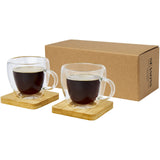 Set di 2 tazze in vetro a doppia parete da 100 ml con sottobicchiere in bambù Manti personalizzato con logo - Pubblienne