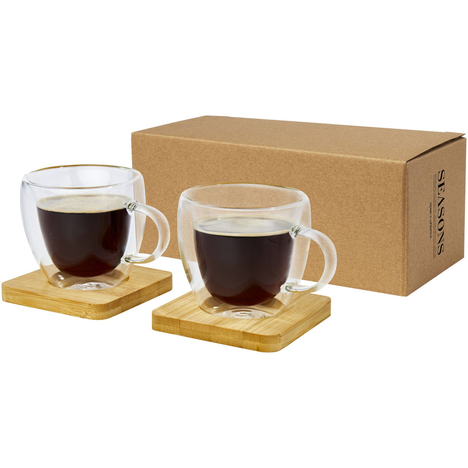Set di 2 tazze in vetro a doppia parete da 100 ml con sottobicchiere in bambù Manti personalizzato con logo - Pubblienne