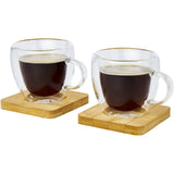 Set di 2 tazze in vetro a doppia parete da 100 ml con sottobicchiere in bambù Manti personalizzato con logo - Pubblienne