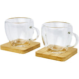 Set di 2 tazze in vetro a doppia parete da 100 ml con sottobicchiere in bambù Manti personalizzato con logo - Pubblienne